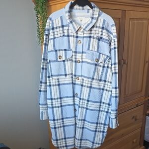 Blue and White Plaid Cordaroy Button-Up Shacket
